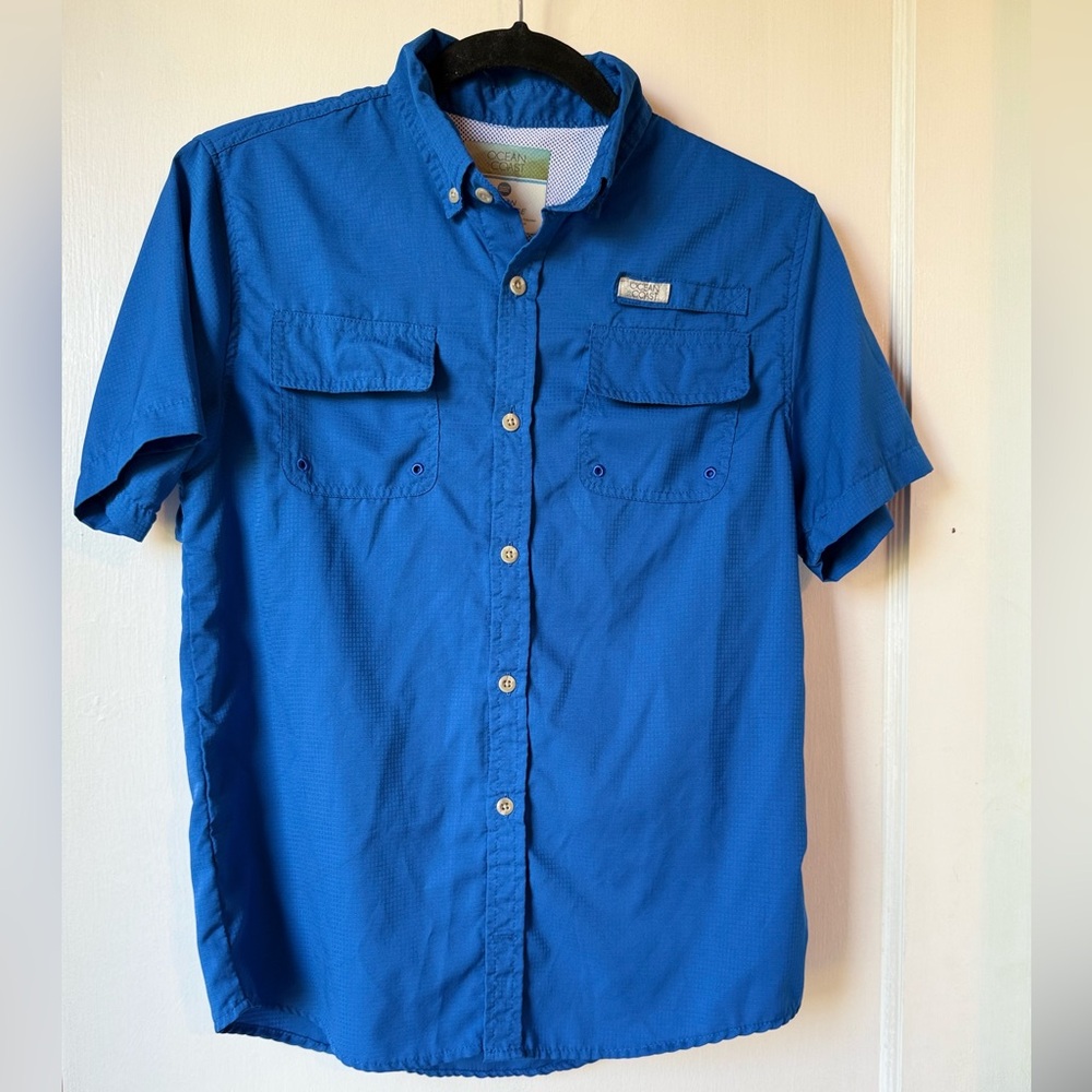 Ocean coast Royal Blue button down fishing shirt boys size L EUC